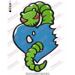 Green Worm with Heart Embroidery Design